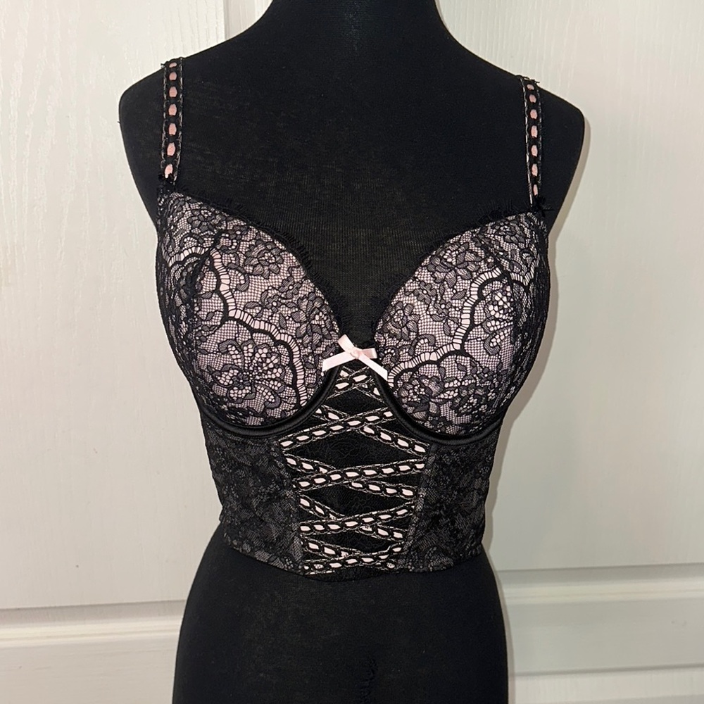 VICTORIAS SECRET DREAM ANGELS BLACK LACE DD CORSET CAMI LACE MESH TOP
